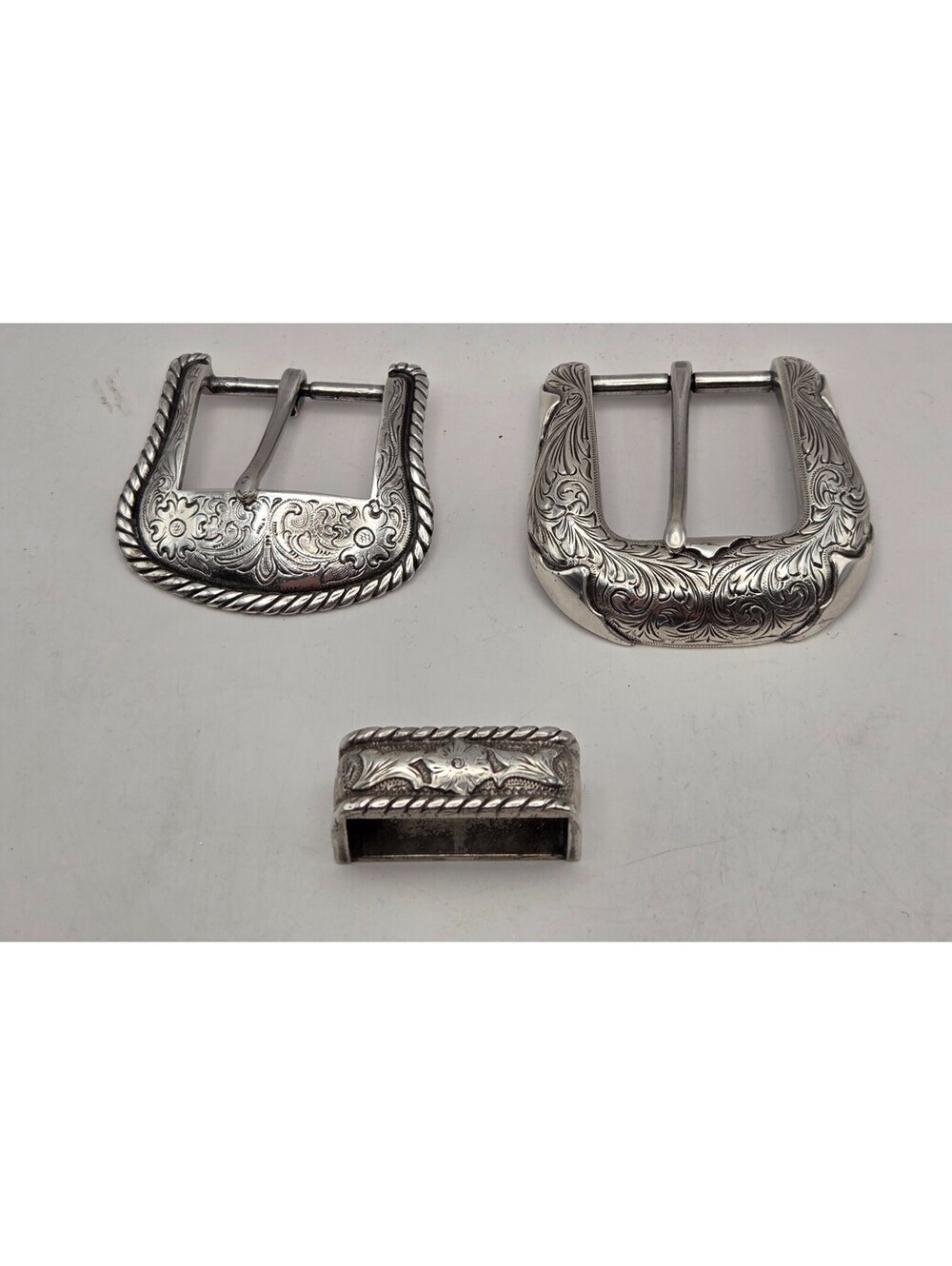Vintage Western Belt Buckle Lot 2 Floral Engraved Silver Tone USA + Keeper